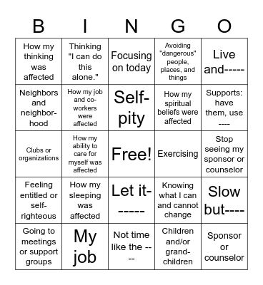 Recovery Bingo Card