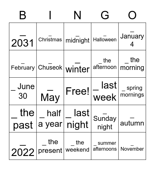 In, On, At Time Phrase Practice Bingo Card