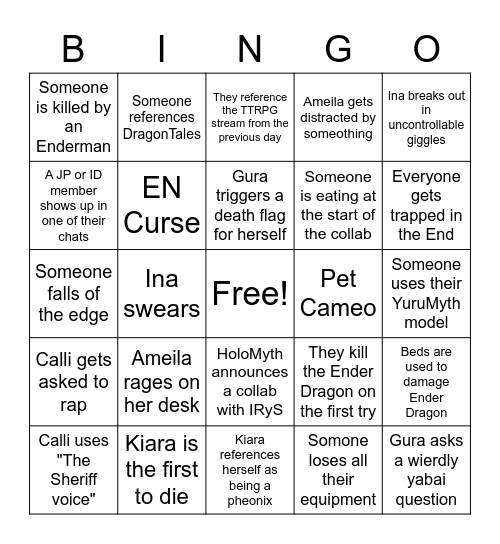 HoloMyth vs The Ender Dragon Collab Bingo Card