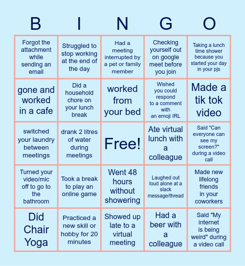 Remote Work Bingo Card