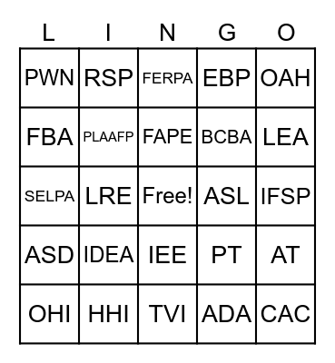 Special Education Lingo Bingo Card