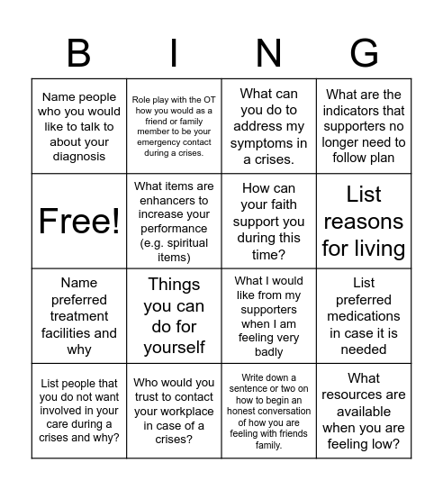 Health Bingo Card