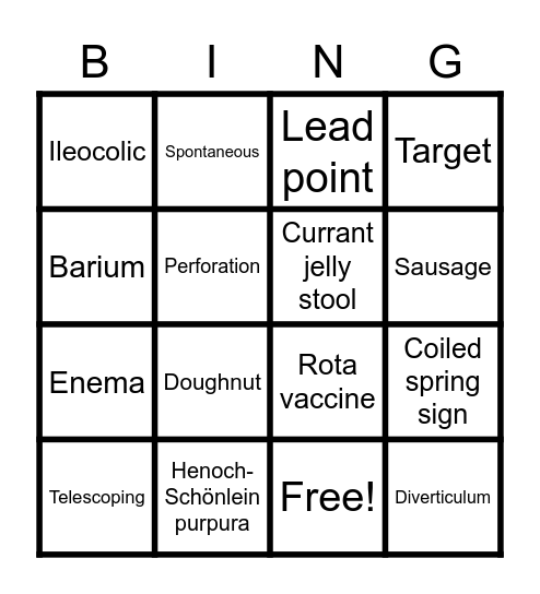 Intussusception Bingo Card