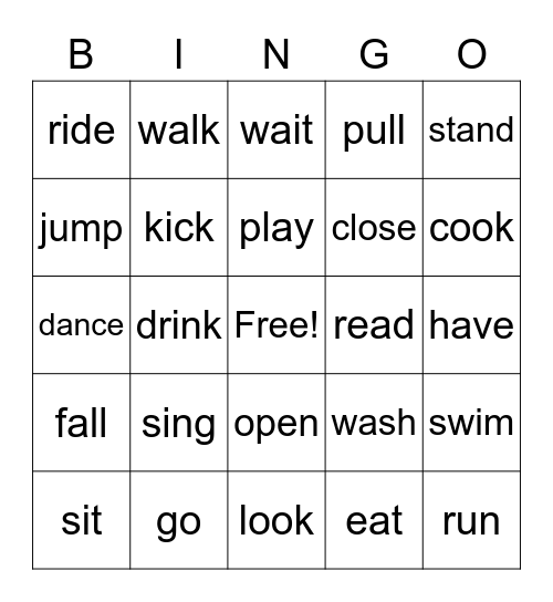 Verbs Bingo Card