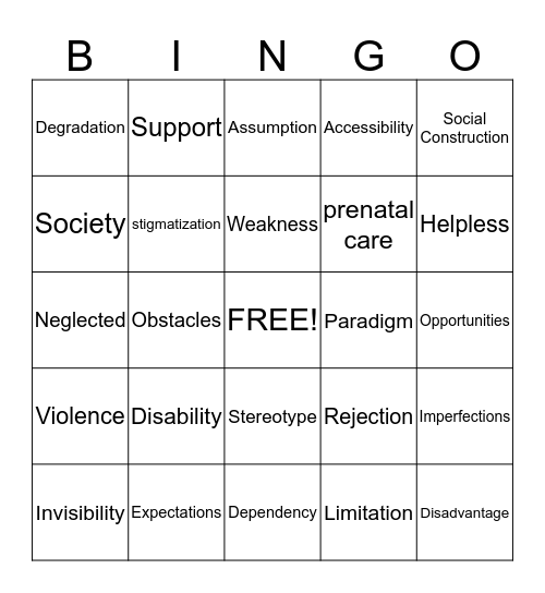 The Social Construction of Disability Bingo Card