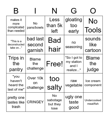 Cutthroat Kitchen Bingo Card