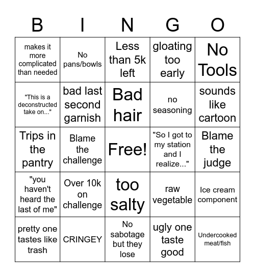 Cutthroat Kitchen Bingo Card