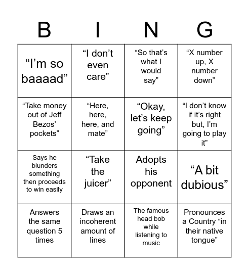 Hikaru Stream Bingo Card