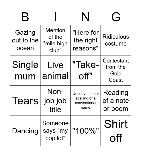 Bachelor Australia 2021 Bingo Card