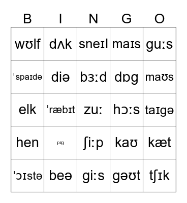Animal Phonetics Bingo Card