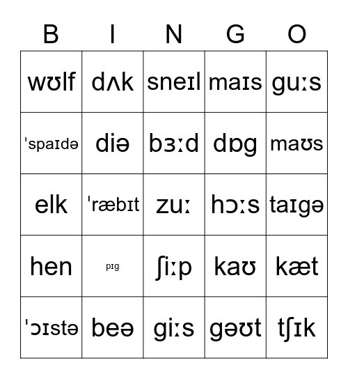 Animal Phonetics Bingo Card