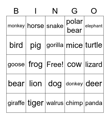Animal Bingo Card