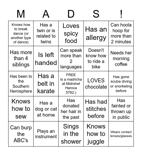 Get To Know Each Other! Bingo Card