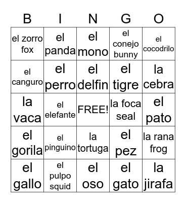 Los Animales Bingo Card