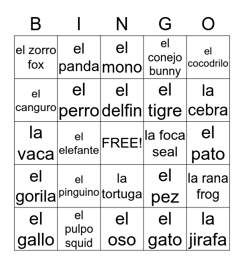 Los Animales Bingo Card