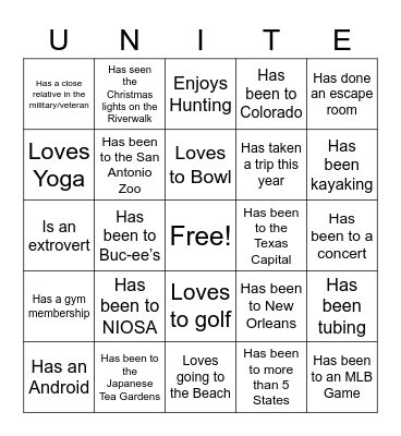 UNITE Bingo Card