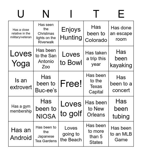 UNITE Bingo Card