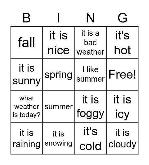 Quel temps fait-il? Bingo Card