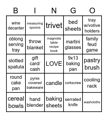 Samantha's Bridal Shower BINGO Card