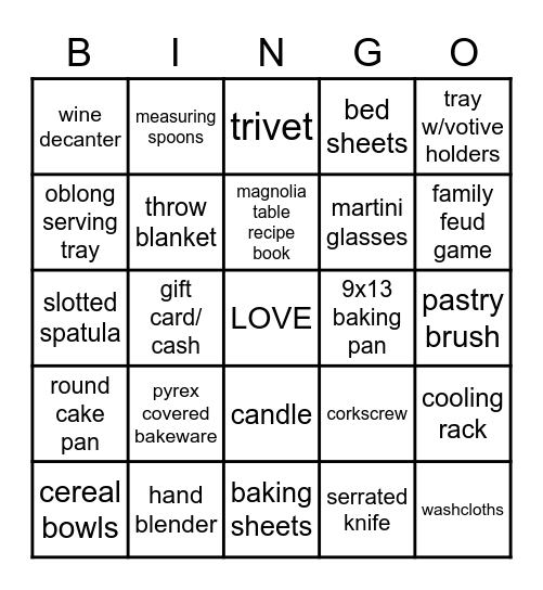 Samantha's Bridal Shower BINGO Card