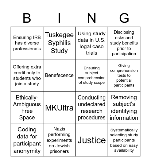 Ethics Bingo! Bingo Card