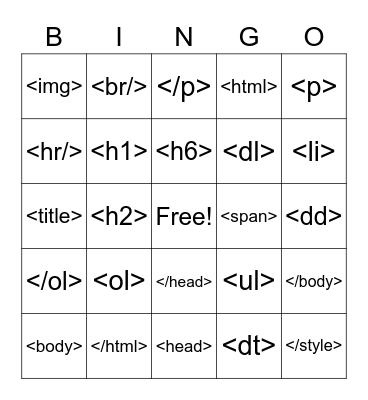 HTML Tags BINGO Card