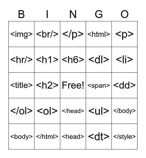 HTML Tags BINGO Card