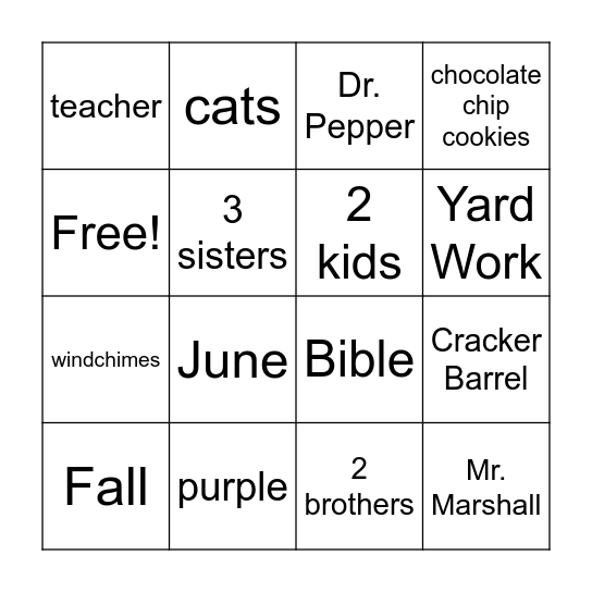 All About Mrs. Marshall Bingo Card