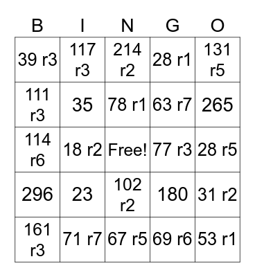 Long Division Bingo Card