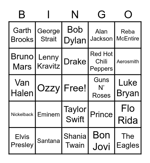 Donkeys Music Artist Bingo Card