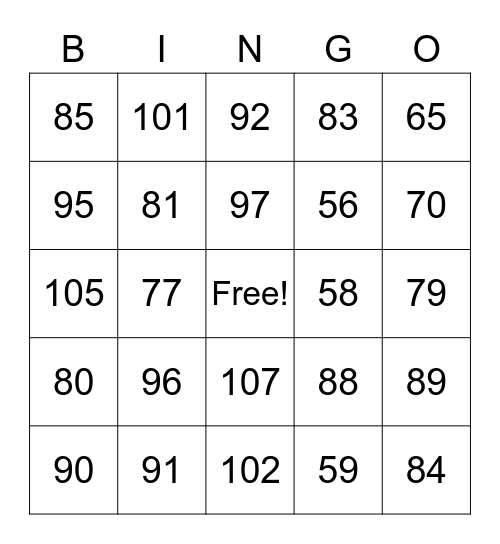 Number Bingo 55-108 Bingo Card