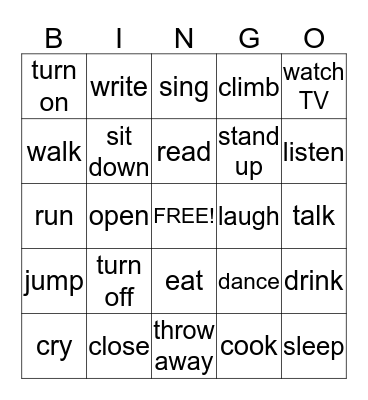Action Verbs  Bingo Card