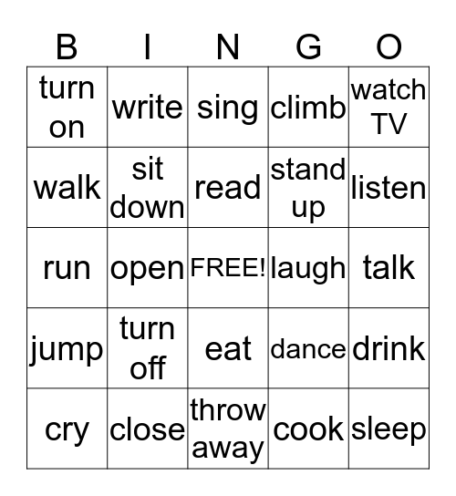 Action Verbs  Bingo Card