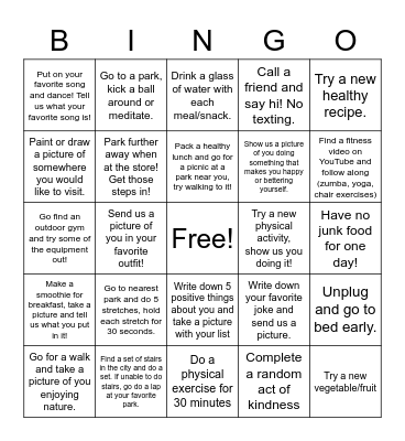 Healthy Living Scavenger Hunt Bingo Card