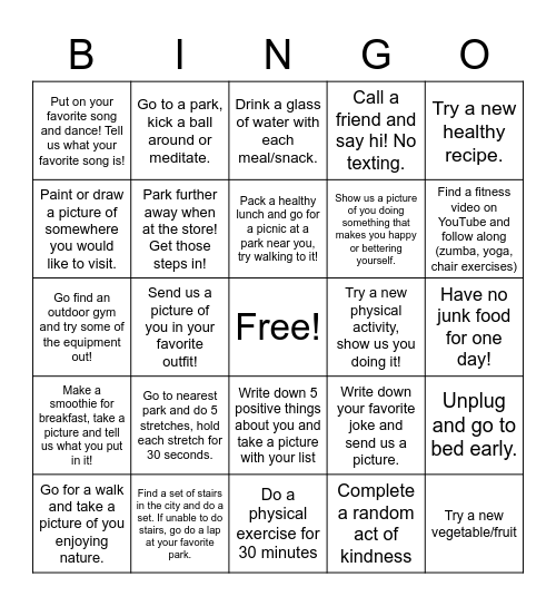 Healthy Living Scavenger Hunt Bingo Card