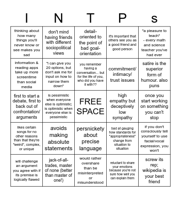 INTP Bingo Card