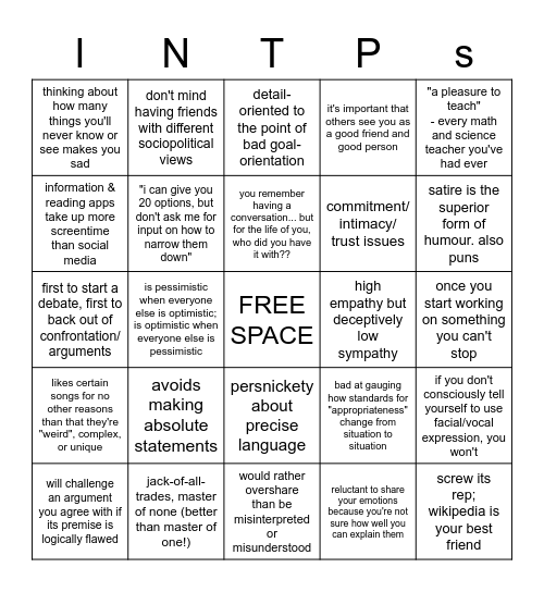 INTP Bingo Card