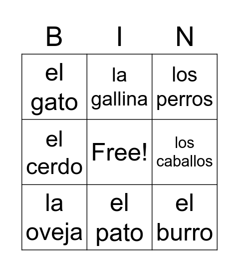 Los animales granja-texto Bingo Card