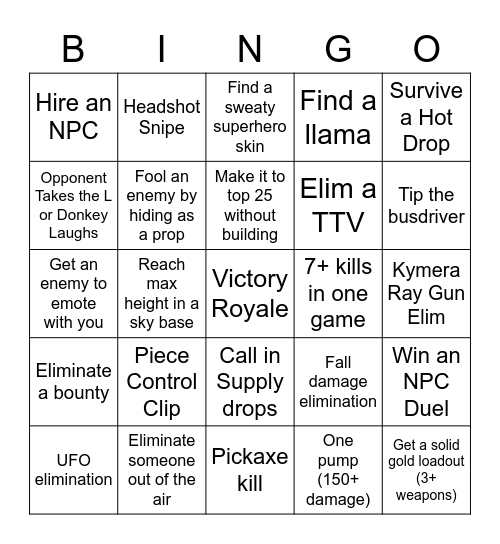 Fortnite Bingo Card