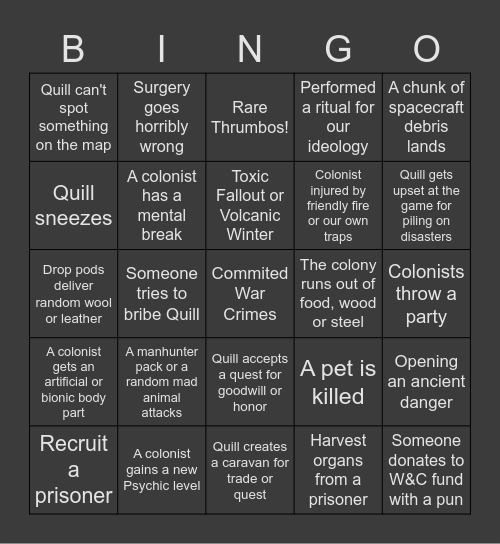 Quill18 Rimworld Bingo Card