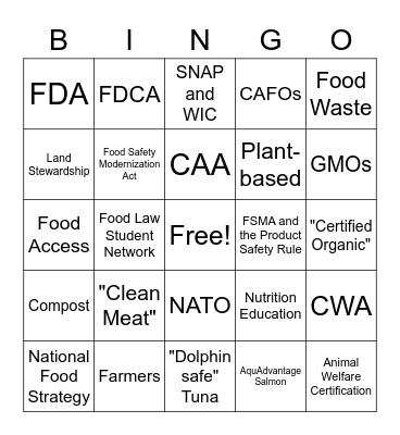 Food Law Bingo Card