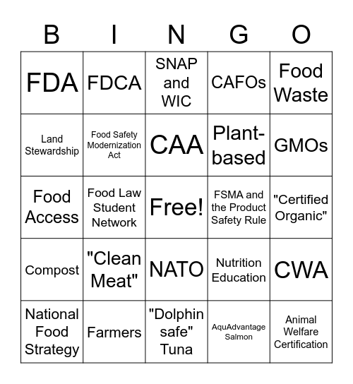 Food Law Bingo Card