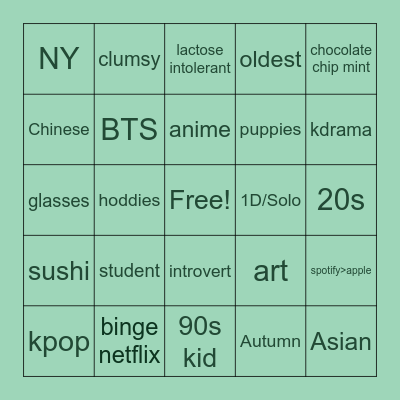 About me Bingo Card