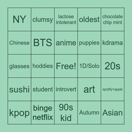 About me Bingo Card