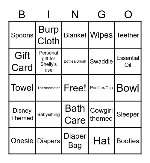 Shelly's Baby Shower Gift Bingo Card