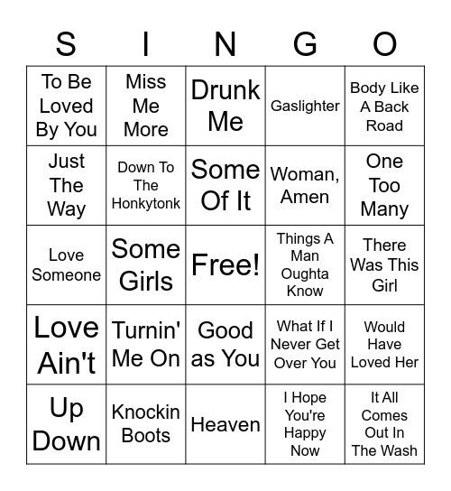 New Country SINGO Bingo Card