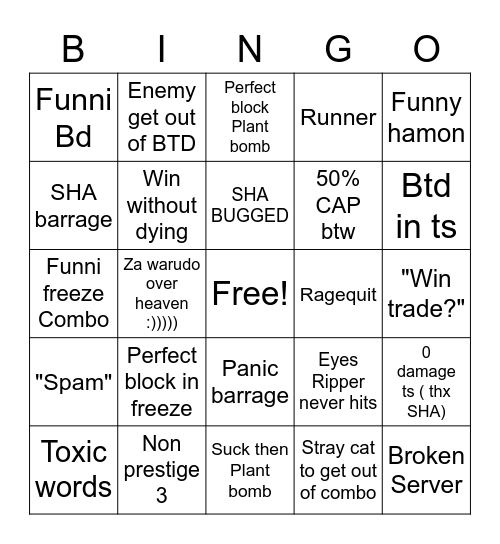 YBA trading Bingo! Bingo Card