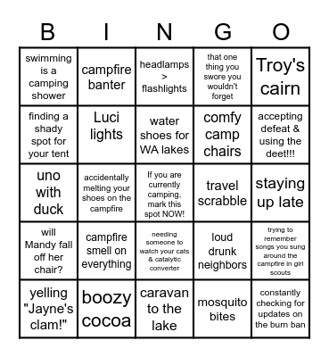 Camping Bingo! Bingo Card
