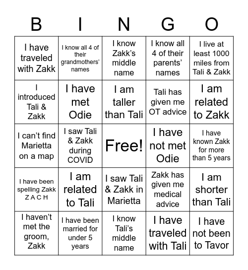 Tali’s Shower Bingo Card