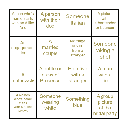 Kimmy's Bachelorette Scavenger Hunt Bingo Card